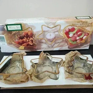 Holiday Gold Indiana Glass 3 Piece Party Set Votive Holders Tree Star Bell XMAS